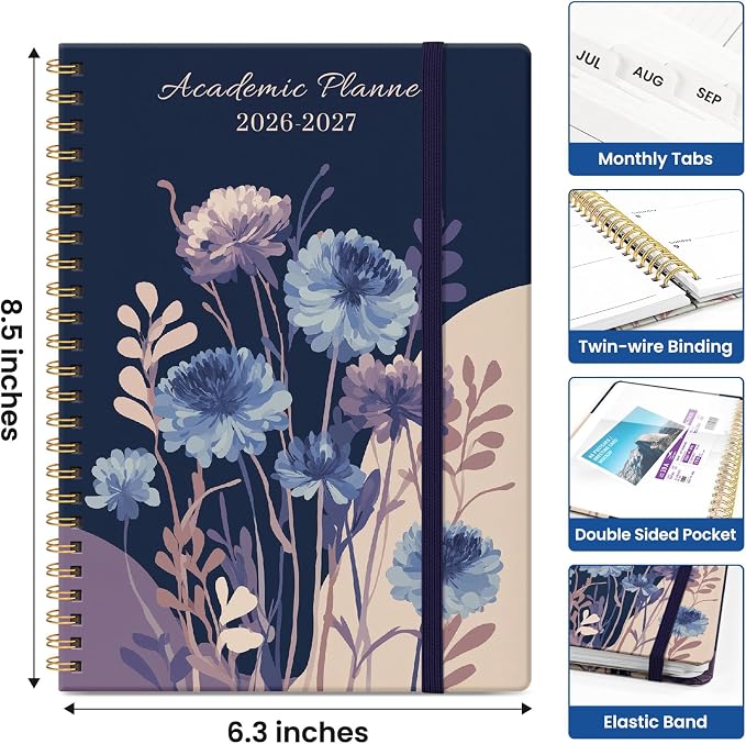 Taja Planner 2026-2027, Jul 2026-Jun 2027 Monthly & Weekly Calendar Planner | 6.3" x 8.5", Hardcover Academic Calendar, Teacher Student Agenda Book with Tabs, School Office Supplies, Midnight Blooms