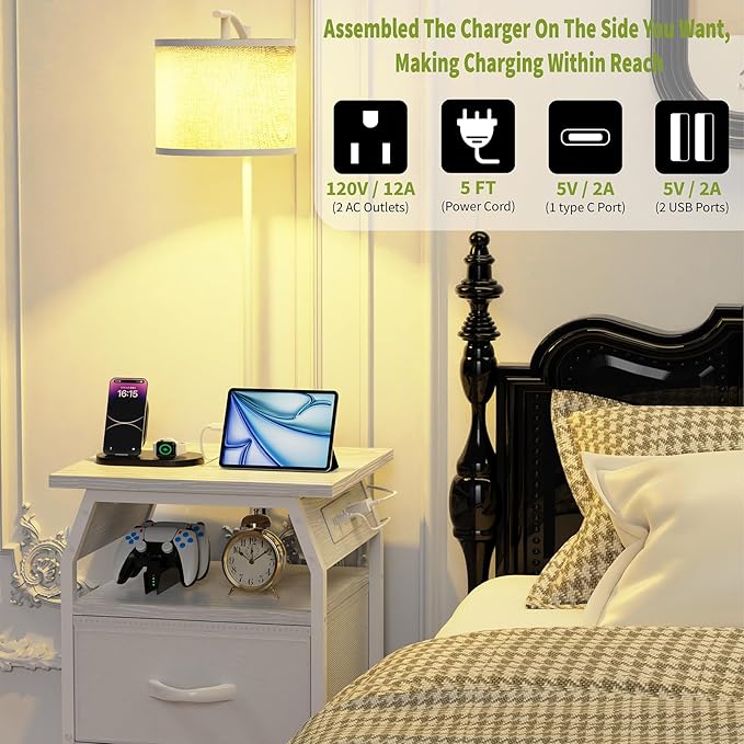 runjuly Floor Lamp with Table, End Tables with Lamps Attached 3-Color Temperature Bulb, Side Table with Lamp with 2 Drawers & Charging, Lamps Tables Combo for Bedroom, Dorm, Apartment - White