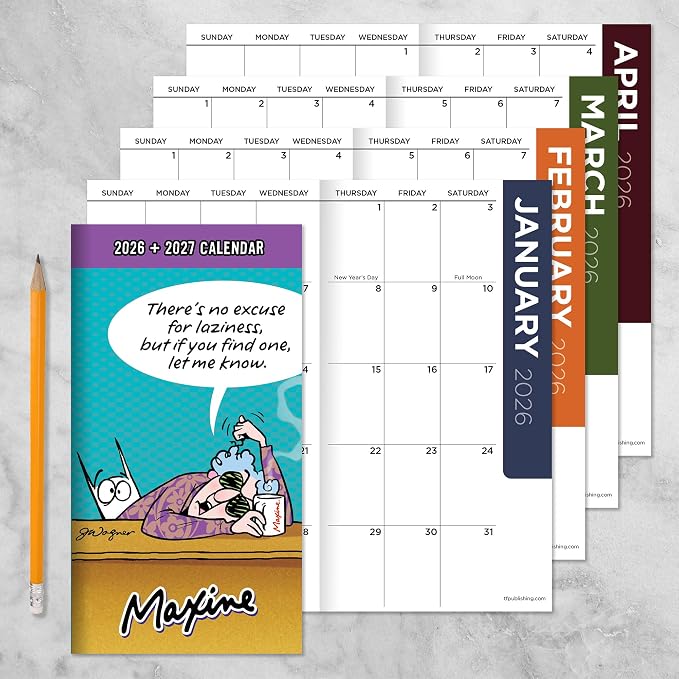 TF Publishing 2026-2027 Maxine Small Monthly Pocket Planner with 2 Page Large Calendar Grid and Lined Notes Section - 2 Year Pocket Calendar 2026-2027 Perfect for Purse - 3.5in x 6.5in