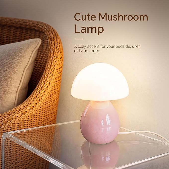 Mushroom Lamp Table Lamp for Bedroom-Small Desk Table Lamps,Pink | Ice Crackle 8.7" Mid Century Modern Table Lamps for Living Room Bedroom Decor,Ceramic Lamps for Home Room Decor,Glass Shade