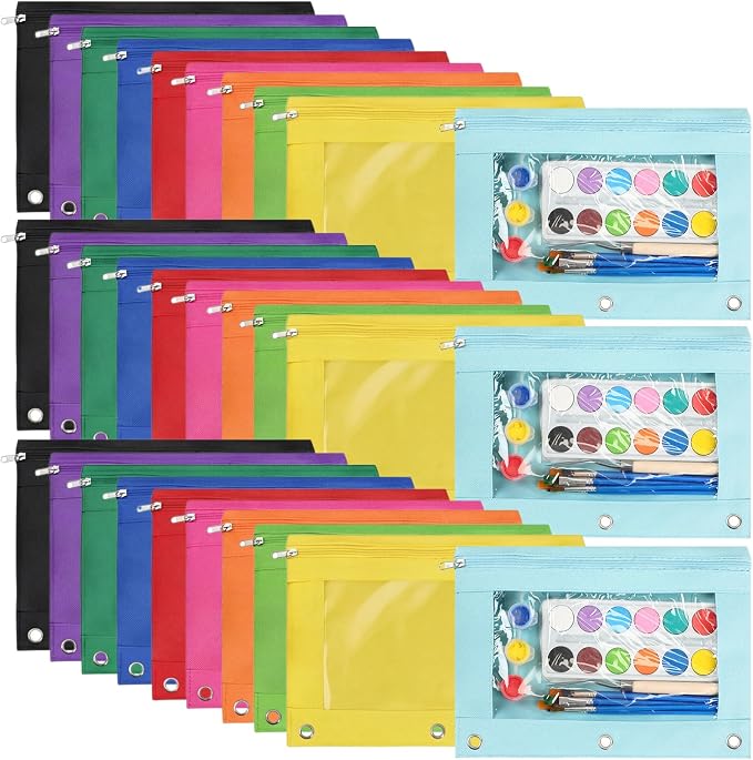 Marspark 30 Packs Pencil Pouch 3 Ring Binder Pen Pouch Cloth Pencil Pouches Zipper Pen Case Bag with Clear Window for Office Writing Supplies Gifts (10 Color)