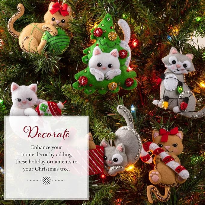 Bucilla Felt Applique 6 Piece Ornament Making Kit, Frisky Kitties, Perfect for Holiday DIY Arts and Crafts, 89643E