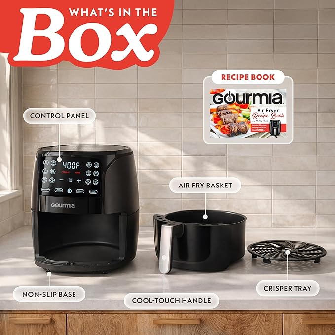 Gourmia Air Fryer - 6 Qt Large Capacity, FryForce 360º, Digital Display with 12 Presets, Roast, Bake, Broil, Dehydrate, Dishwasher Safe Accessories, Black