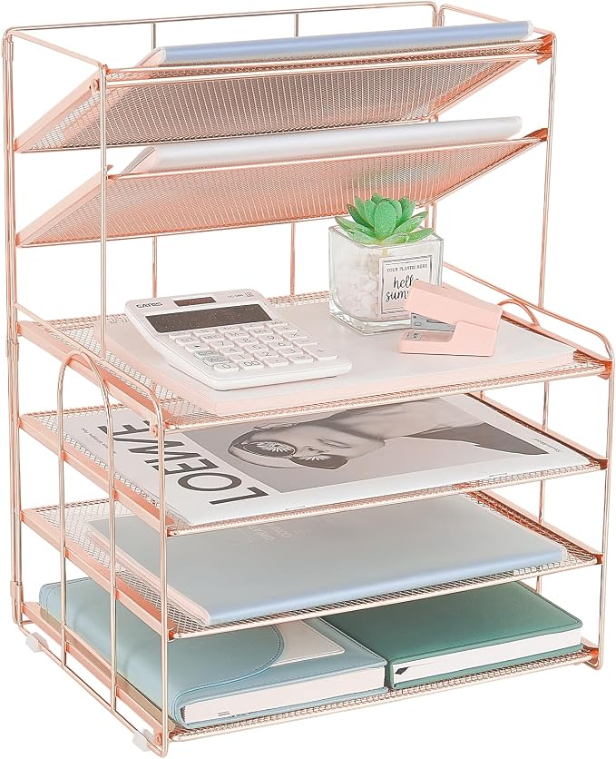 Desk Organizer, 6-Tier Paper Organizer Letter Tray, Rose Gold | Desk Organizers and Accessories, Office Desk Accessories & Workspace Organizers, Desktop File Organizer for Office Supplies