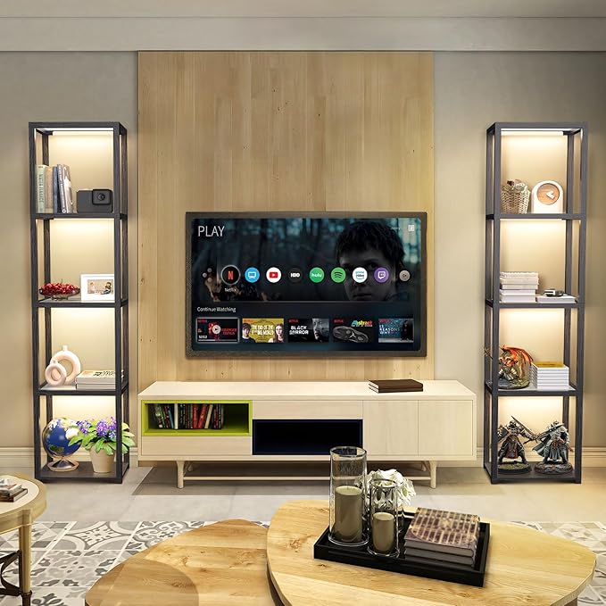 OUTON 67" Glass Display Shelf with Dimmable LED Floor Lamp, Collectibles Display Cabinet with Remote & App Control, 5 Tier Open Bookshelf Lamp for Living Room, Bedroom, Office, Home Decor, Black