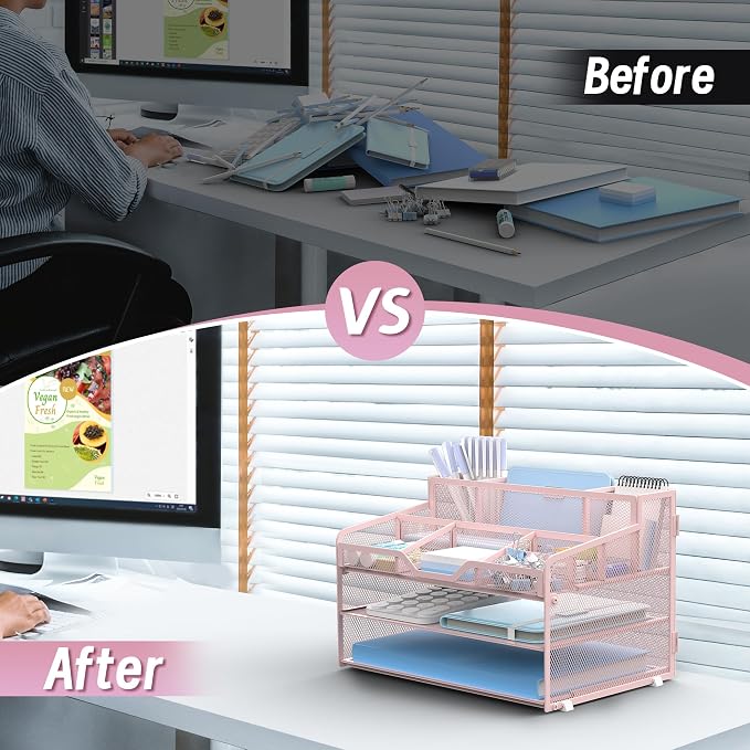 3 Tier Mesh Paper Desk Organizer with Pen Holders, Pink | Features 3 pen holders, and 5 adjustable compartments for office school home desk storage