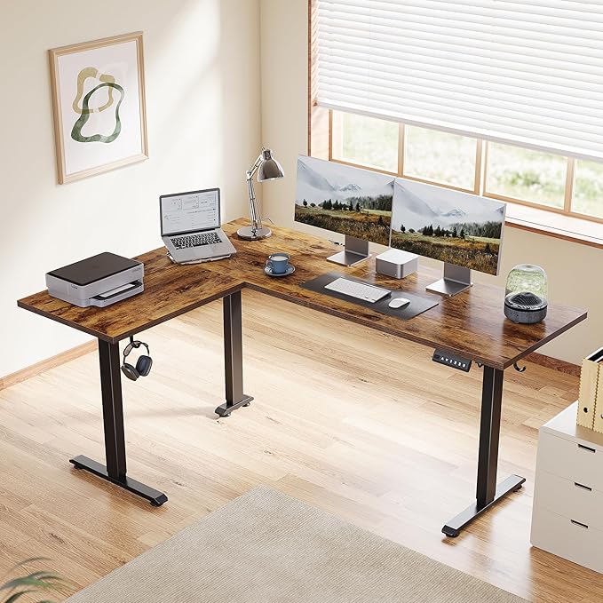 Agilestic L Shaped Standing Desk 63 inch Adjustable Height, Electric Corner Standing Desk, Sit Stand Computer Table with Splice Board, Rustic Brown | Corner Desk, Ample Workspace, Memory Presets, Hooks, Stable Steel Frame,176 lbs Capacity, Easy Assembl...