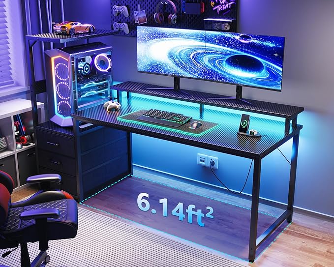 AODK Gaming Desk w/PC Showcase Stand, 59" Reversible, RGB LED, Black | Elevated stand fits Lian Li O11, Hyte Y60. Triple drawers hide cables, controllers, clutter