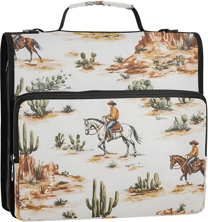 3 D-Ring Zipper Binder Bag, Western Cowboy Horse Cactus Removable Binder with Zipper Case Hold 300+ Sheets& 13 Inch Laptop for School Office Supplies Organizer