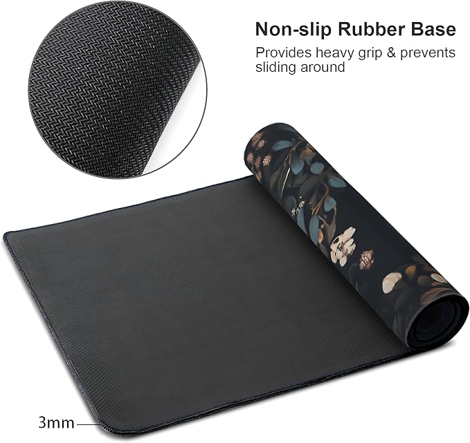 Floral Aesthetic Rose Gaming Mouse Pad, Black Dark Botanical Desk Mat with Anti-Slip Base & Stitched Edges,35.4" x 15.7" in Desk Accessories for Women, Home Office Decor & Artistic Gift