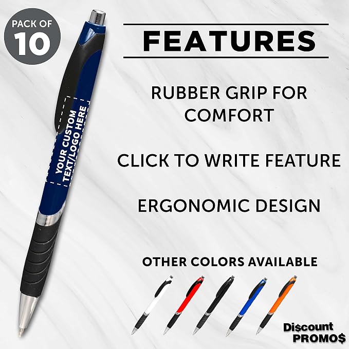 DISCOUNT PROMOS Ballpoint Pens With Rubber Grip - 10 pack - Customizable Text, Logo - Black Ink Ball Point Pen with Soft Touch Plastic - Navy Blue