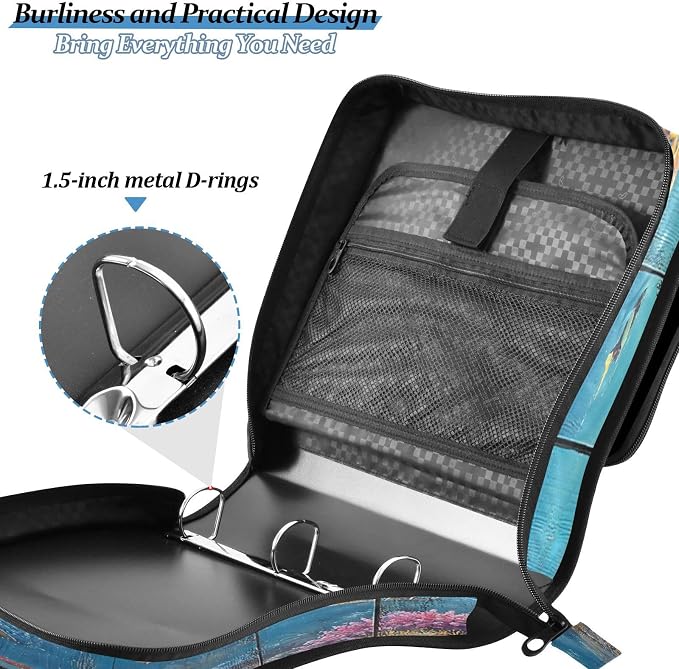 ALAZA Zipper Binder 3 Ring Turtle with Ocean Coral Binder Organizer with Zipper and Shoulder Strap Large Capacity Multi-Pocket Trapper Keeper File Folder for Office Supplies