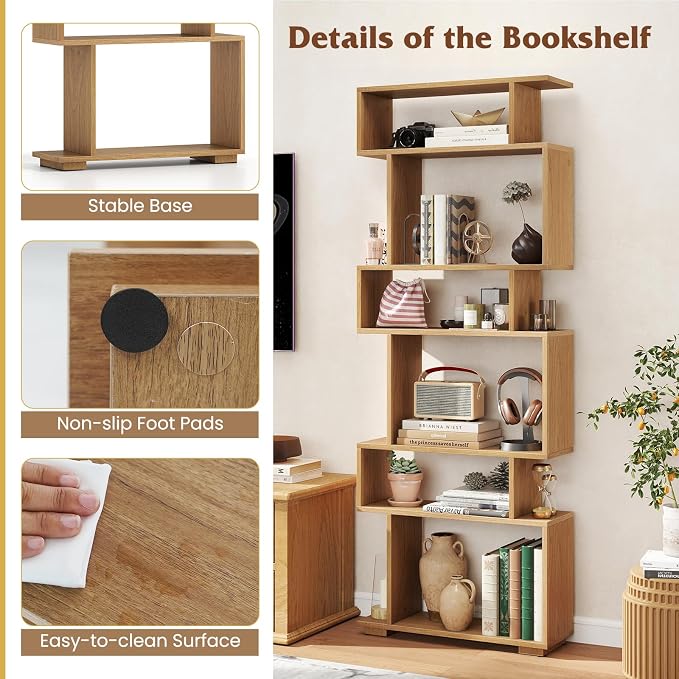 Tangkula 6-Tier S-Shaped Bookshelf, 64" Freestanding Geometric Bookcase, Home Office Wood Storage Shelf with Anti-Toppling Device, Room Divider Display Rack for Study, Living Room (1, Natural)