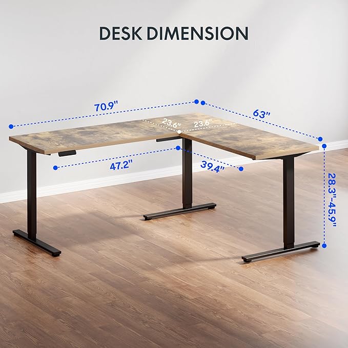 FLEXISPOT L Shaped Standing Desk, 71 x 63 Inch Electric Height Adjustable Corner Desk, Sit Stand Computer Workstation, Preset Controller, Home Office, Black Frame with Rustic Brown Top, Black Drawer