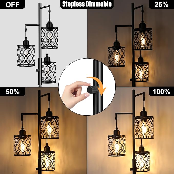 73" Dimmable Farmhouse floor lamps for living room, Industrial Tree Floor Lamp with 3 X 6W LED Bulbs, Stepless Dimming, Metal Cage Shades, 3 Light Rustic Standing Tall Lamp for Bedroom, Office, Black