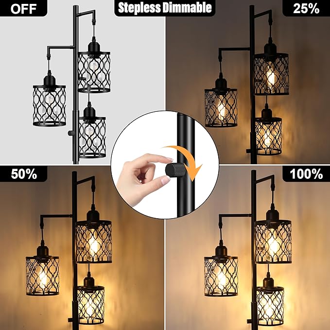ROTTOGOON Dimmable Farmhouse Floor Lamp, Industrial Floor Lamp for Living Room with 3 X 6W LED Bulbs, 3 Light Rustic Standing Tall Lamp for Bedroom, Office, 68"