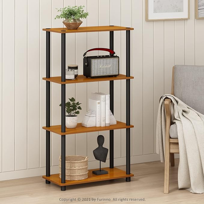 Furinno Turn-N-Tube Toolless 4-Tier Storage Shelves, Light Cherry | Wide Open Frame Book Shelf, Corner Shelf, for Organization, Living Room, Garage, Home Office