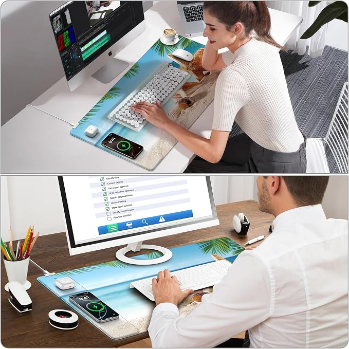 Wireless Charging Mouse Pad, 31.5"x15.8", with 20W PD Adapter, Summer Beach | Desk Writing Pad for Home Office Gaming, Waterproof Ultra-Smooth Surface, Non-Slip Base