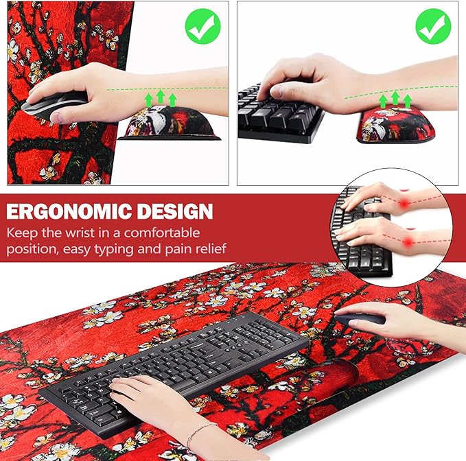 Large Gaming Mouse Pad, Keyboard Wrist Rest Pad & Wrist Support Mousepad Set, Stitched Edge, Extended, Non-Slip Base, Memory Foam Desk Mat 4pcs for Office & Home, Red Van Gogh Painting