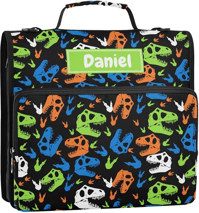Custom Dinosaur Skull Black Print 3 Ring Zipper Binder with Shoulder Strap & Handle 1.5 Inch D-Ring Zippered Bag with Multiple Pocket, Personalized Binder Organizer for School or Office