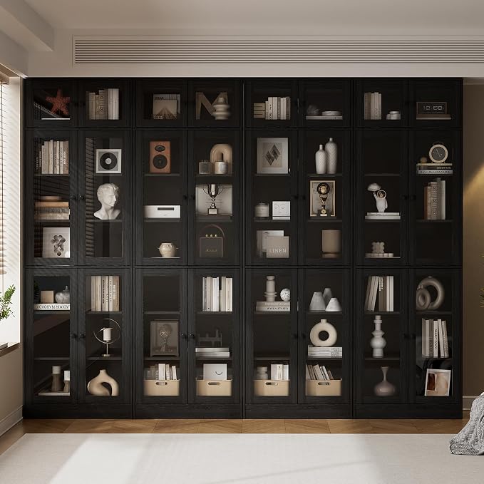 TUSY 85.5" Modern Tall Bookcase with Glass Doors, 7-Tier Wood Bookshelf with Storage for Home Office, Large Curio Cabinet for Living Room, Office, Bedroom, Family Room (Black, A)