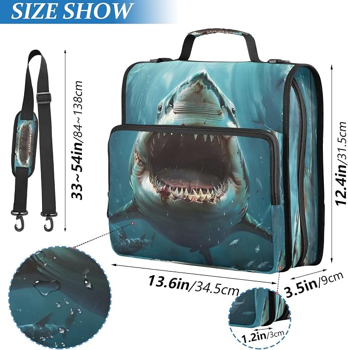 3 Ring Zipper Binder Shark Binder Organizer Portfolio with File and Shoulder Strap & Handle Large Capacity File Folder