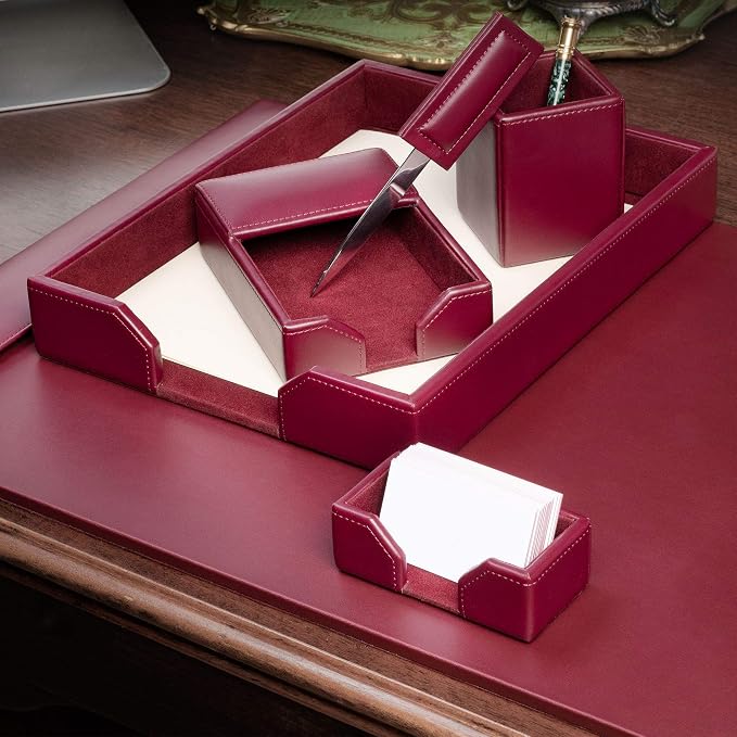 DACASSO Bonded Leather Desk Set - Luxury Leather Desk Pad & Desk Organization Essentials (Burgundy, 6 Piece)