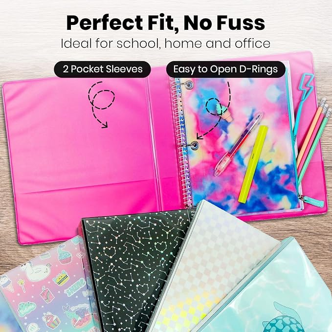 Yoobi 1 Inch 3-Ring Binders, 2 Pockets, PVC-Free, 220 Sheets, 4-Pack | 3-Ring, Round D Rings, 2 Interior Pockets, PVC-Free Material, Durable Plastic Cover, 120–500 Sheets, 4-Pack