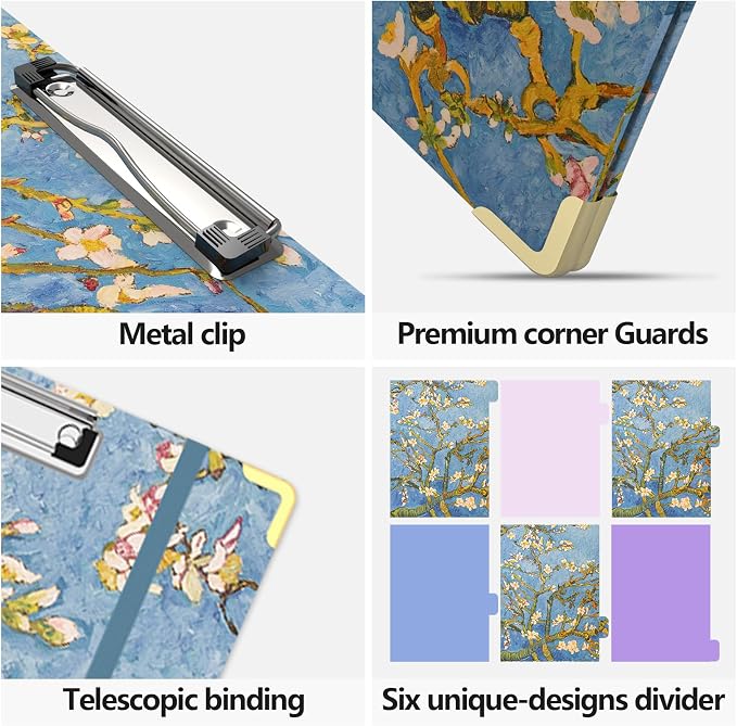 Almond Tree 3 Ring Binder - 1 Inch Round with 6 Tab Dividers, 2 Interior Pockets, Cute Clipboard for School & Office