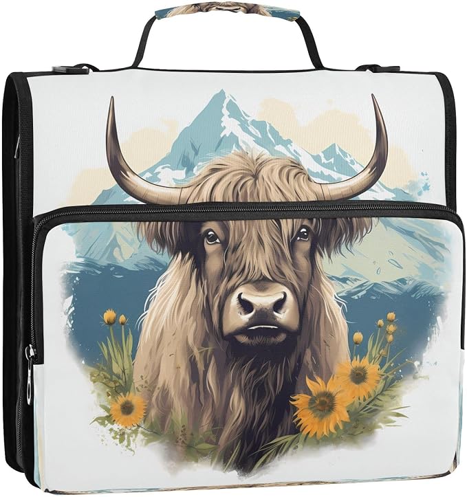 ALAZA Zipper Binder 3 Ring Highland Cow Binder Organizer with Zipper and Shoulder Strap Large Capacity Multi-Pocket Trapper Keeper File Folder for Office Supplies