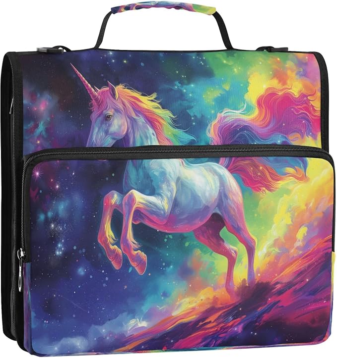 ALAZA Zipper Binder 3 Ring Colorful Unicorn Galaxy Binder Organizer with Zipper and Shoulder Strap Large Capacity Multi-Pocket Trapper Keeper File Folder for Office Supplies