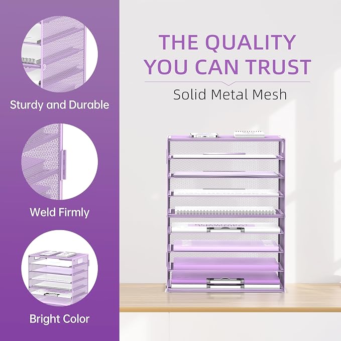 9-Tier Paper Organizer for Desk, Metal Letter Tray with Handles, Purple | Desk File Organizer with Removable Trays for Sorting Files, Folders, Mail and Printer Paper at Home, School or Office