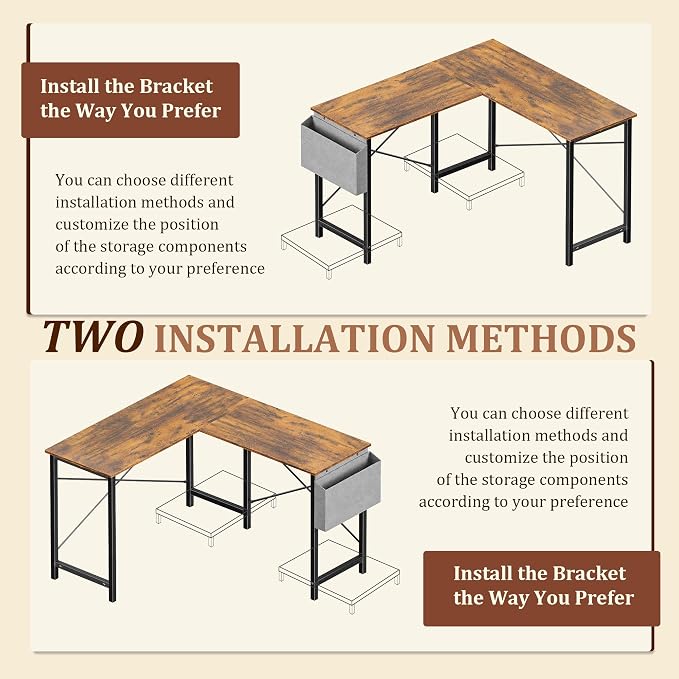 Alpen Corner Desk, 50 Inch L Shaped Gaming Desk with Storage Pocket and CPU Stand, Work Desk for Home Office, Small Corner Study Writing Table with Sturdy Metal Frame, Rustic Brown