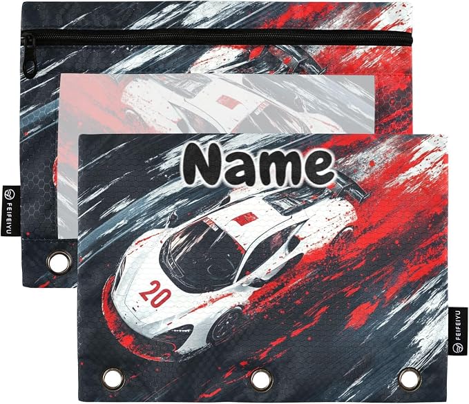 Custom Truck Racing Car Pencil Pouch for 3 Ring Binder, 2 Pack Personalized Name Waterproof Pencil Bags Clear Window Pencil Case School Office Supplies