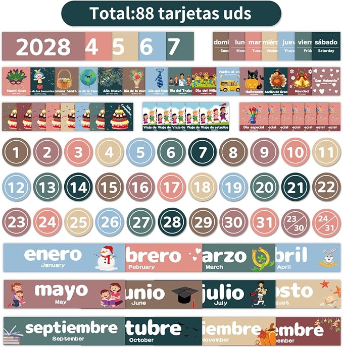 Boczif Monthly Calendar Pocket Chart for Classroom(Spanish White)