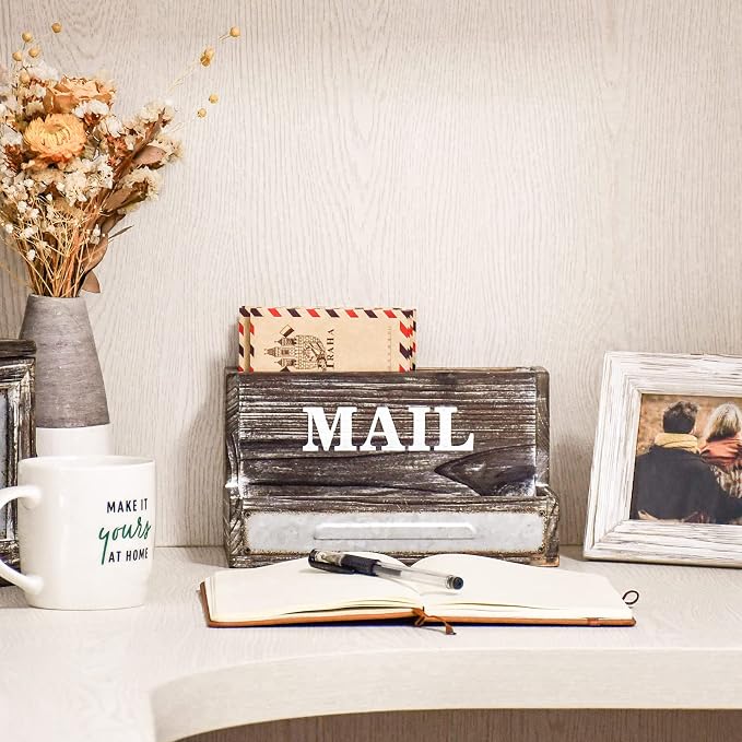 Farmhouse Wood Desktop Desk Mail Organizer with 2-Slot Desktop Mail Sorter Holder File Organizer Bill Paper Folder Office Desk Accessories Rustic Office Supplies Home Decor