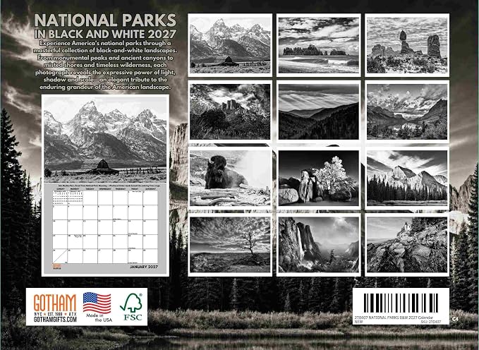 National Parks Tribute Black And White Photos Calendar 2027 Black White Monthly Wall