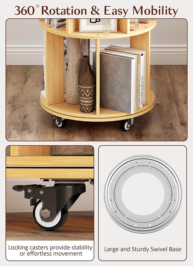 5 Tier Rotating Bookshelf 360 ° Rotating Bookshelf Tower Wood Revolving Bookcase Tall Narrow Spinning Book Shelf Tower with Storage and Sturdy Construction for Bedroom, Living Room, Office(Wood)