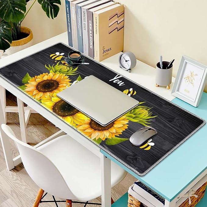 Desk Large Protective Mat, Smooth Surface Mousepad, Waterproof Non-Slip Desk Mat, 31.5x11.8 in Sewn Edge Office/Home Desk Mat, Sunflower
