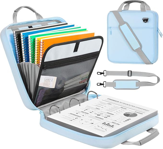 MoKo Zipper Binder, 3 Inch 3 D Ring, 5 Tab File Folders, 700 Sheets, Blue | Water-repellent 900D Oxford fabric with 5 folders, 2 mesh pocket, reinforced handle and adjustable shoulder strap.