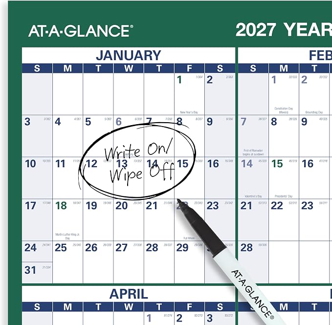 AT-A-GLANCE 2027 Erasable Calendar, Dry Erase Wall Planner, 24" x 36", Vertical, Reversible (PM2102827)