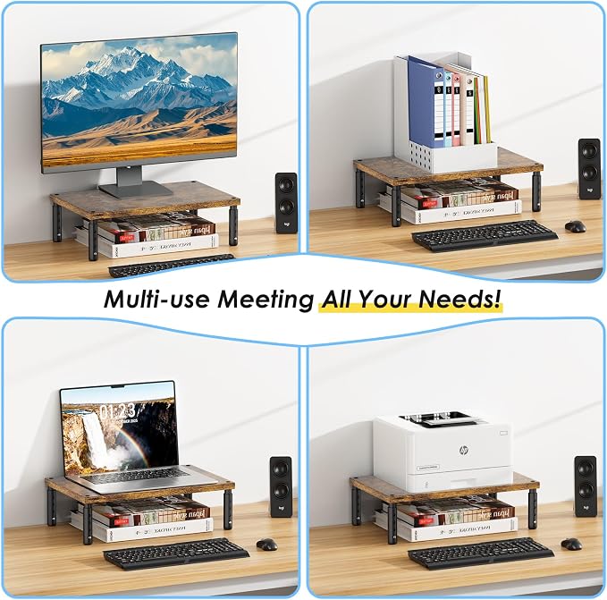 ECOLOVI Adjustable Wood Computer Monitor Stand Riser, Office Desk Organizer and Accessories for Monitor, Laptop, PC, Printer, Office Desk Accessories Workspace Organizer for Home Office Supplies, Brown 2-Pack