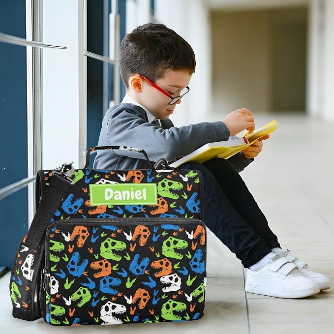 Custom Dinosaur Skull Black Print 3 Ring Zipper Binder with Shoulder Strap & Handle 1.5 Inch D-Ring Zippered Bag with Multiple Pocket, Personalized Binder Organizer for School or Office