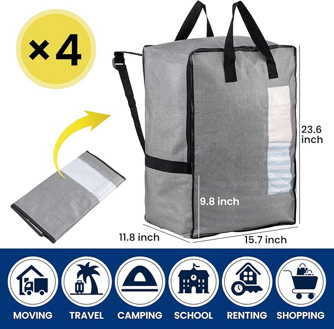 TAILI 4 Pack Gray Moving Bags w/Adjustable Backpack Straps, Moving Supplies, Moving Boxes Alternative, Heavy Duty Storage Totes for College Packing, Camping Backpack for Travel, Dorm, Laundry