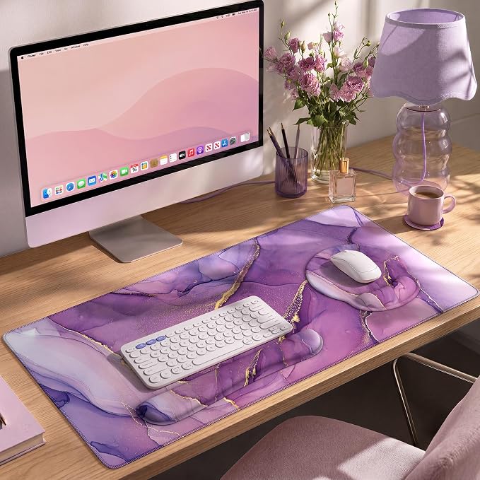 iCasso Purple Keyboard Mat 35.4"x15.7", Desk Blotter for Workspace | Mousepad Set with Wrist Support and Coaster Set, Cozy Desk Cover Set for Gaming Vanity Women Office Workspace Area