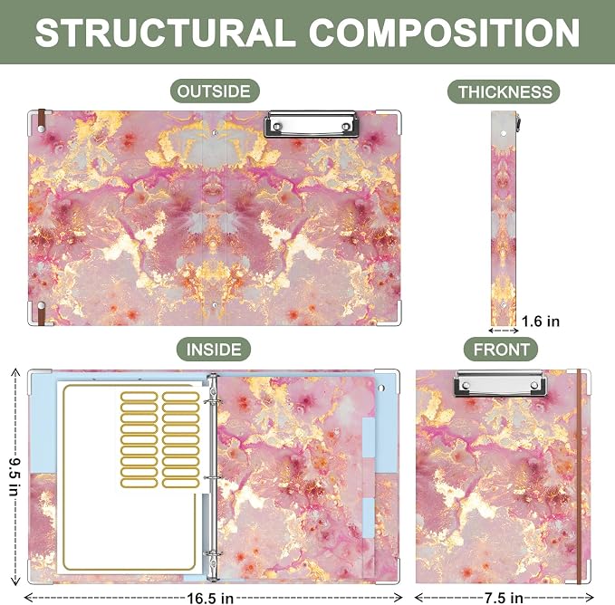 Rouidr Mini 3 Ring Binder with Clipboard, 1 inch Round 8.5 x 5.5 in Cute Binders Organizer with 5 Dividers Tabs & Clear Sleeves, School Supplies, Office Supplies, Pink Marble