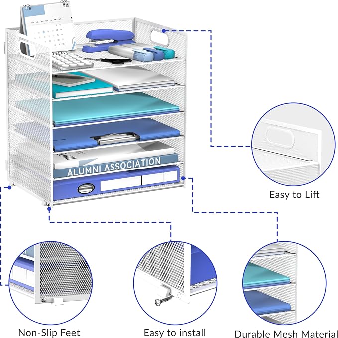 Daltack 6-Tier Paper Organizer for Desk with Handle, White, 2 Pack | Sturdy Metal Mesh Organizer with Movable Middle Trays and a Carry Handle for Papers, Folders and Office Supplies