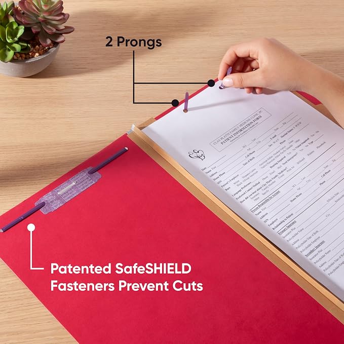 Smead Pressboard Legal Size File Folders with SafeSHIELD Fasteners, 2 Dividers, 2" Expansion, Office Folders, Paper Holder, Bright Red, 10 per Box (19031)