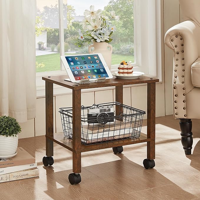 YUFAM 2 Tier Under Desk Printer Stand with Storage, Brown | Wooden Small Printer Table for Home Office, Rolling Printer Cart Shelf with Lockable Wheels