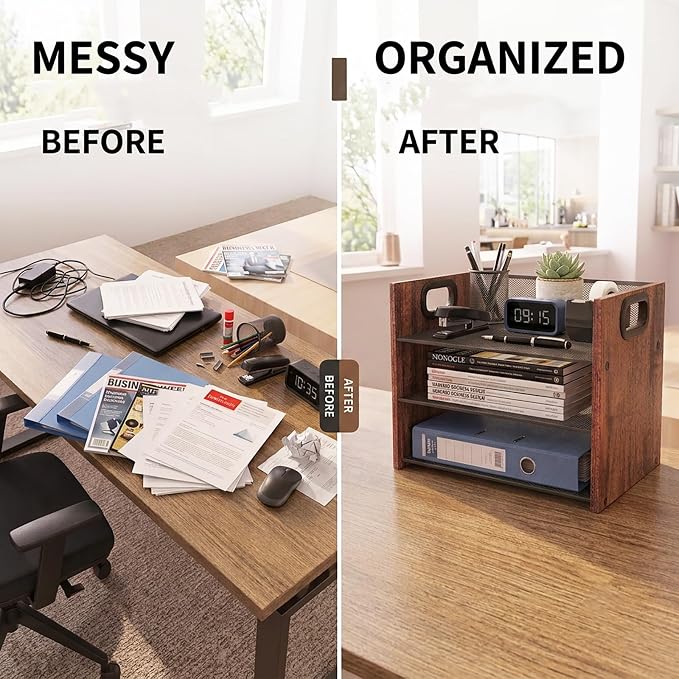 Desk Organizer - 3 Tier Wood & Metal Mesh Desktop Organizer for Office, Home, School, Workspace, Office Desk Organzier for Papers, Mail, Notebooks, Stationery